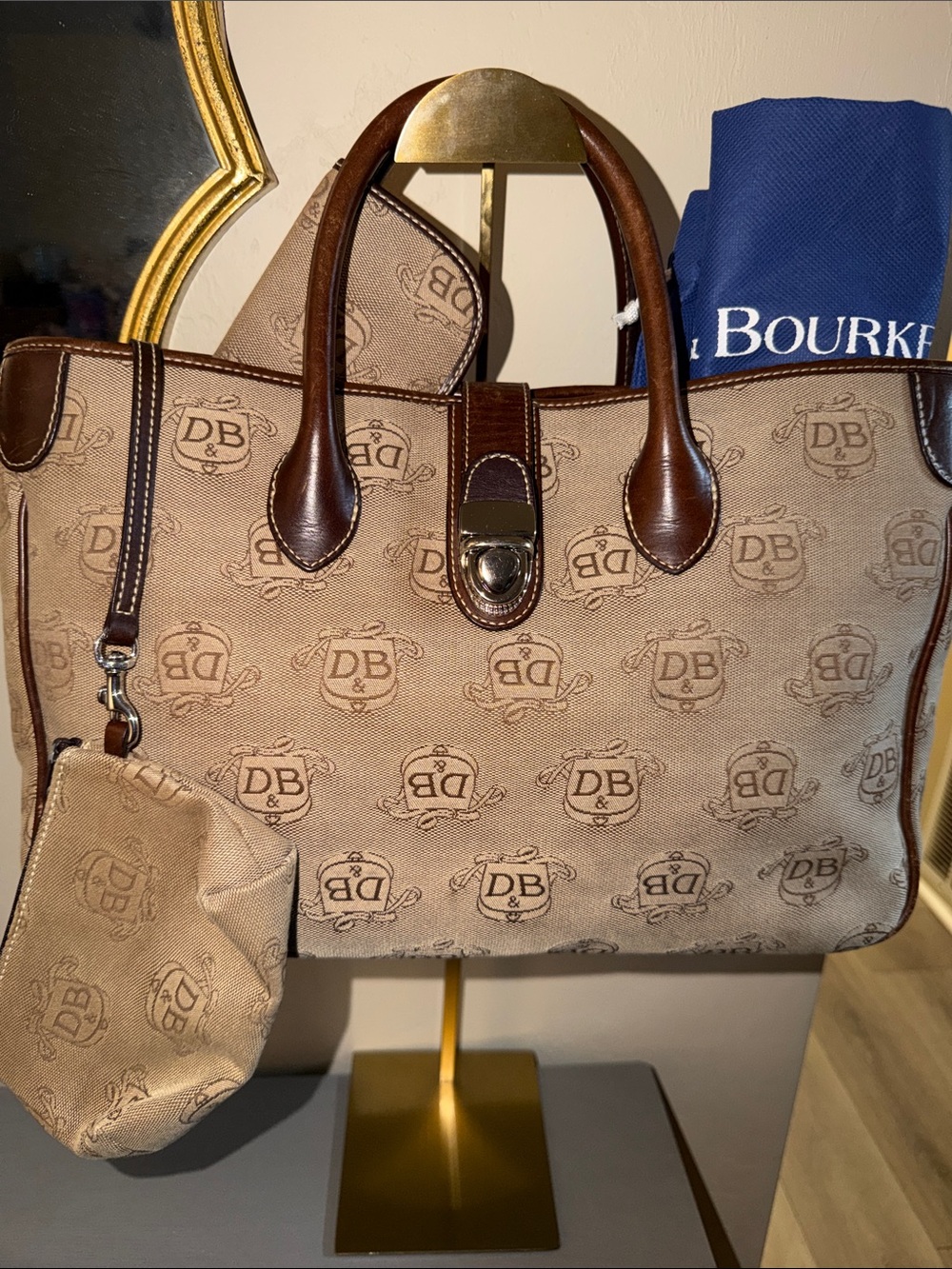 Dooney & Bourke Tan Canvas Messenger Bag with Brown Leather Trim